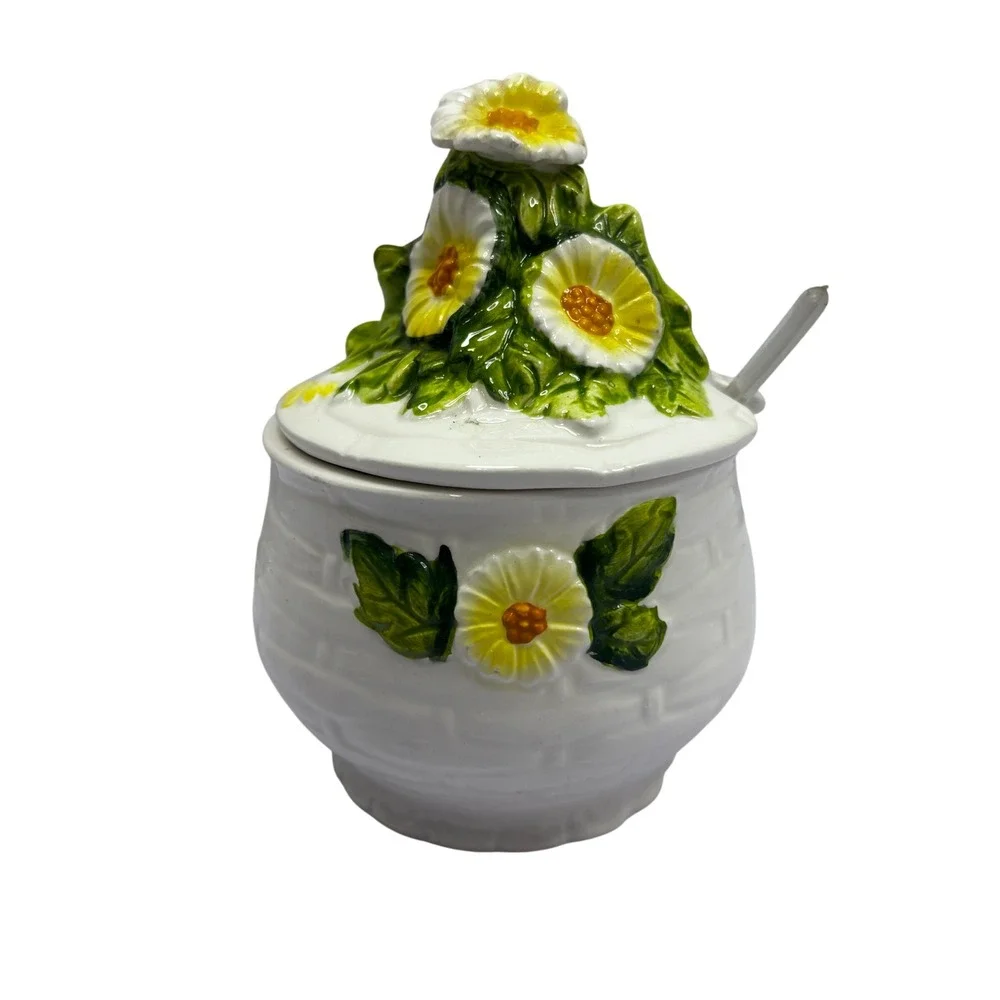 Vintage Lefton Daisy Jam Honey Pot 3858 Basketweave Ceramic Jar with Spoon Japan